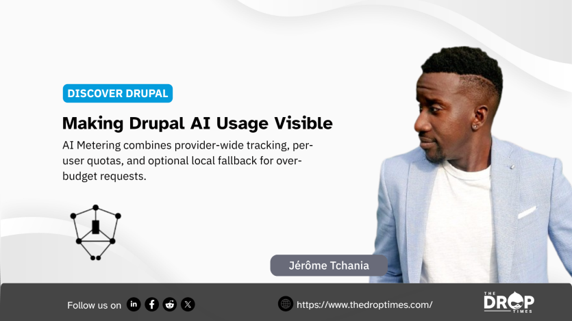 Discover Drupal graphic featuring Jérôme Tchania beside a small connected node symbol. Text reads "DISCOVER DRUPAL". "Making Drupal AI Usage Visible". "AI Metering combines provider wide tracking per user quotas and optional local fallback for over budget requests". "Jérôme Tchania".