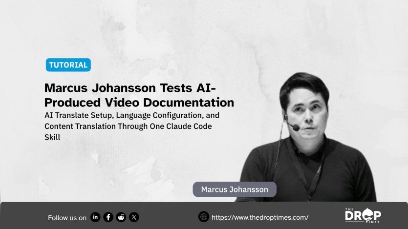 Vertical TDT card about an AI-produced Drupal tutorial workflow. Title: “Human Approval Gates AI Tutorial Production.” Deck: “Marcus Johansson’s Claude Code skill researches Drupal modules, drafts storyboards, and records narrated demonstrations after human approval.”