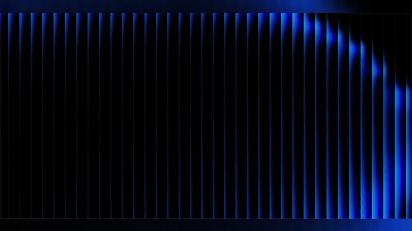 Abstract black background with narrow vertical blue light waves that brighten and bend into flowing shapes toward the right side.