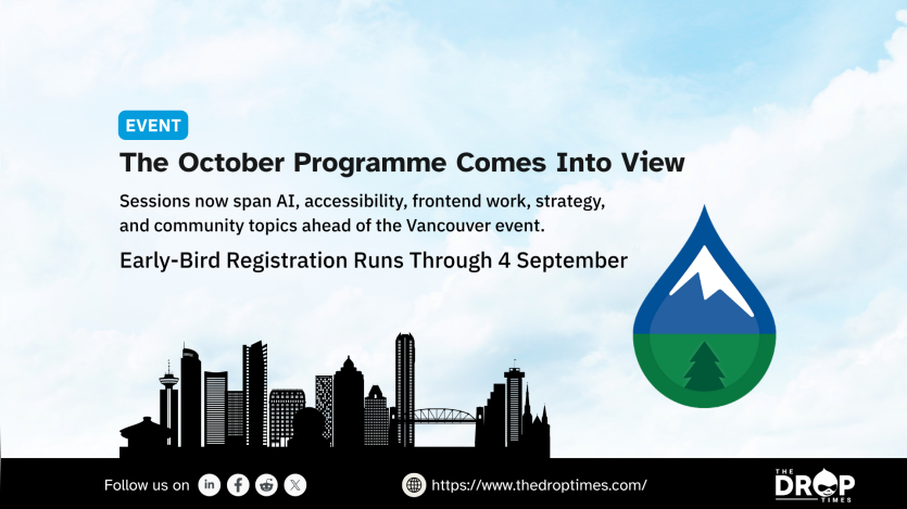 Promotional graphic for the PNW Drupal Summit in Vancouver with a black city skyline beneath a cloudy blue sky and the summit logo on the right. It highlights that the October programme now includes sessions on AI, accessibility, frontend work, strategy, and community topics, with early bird registration running through 4 September.