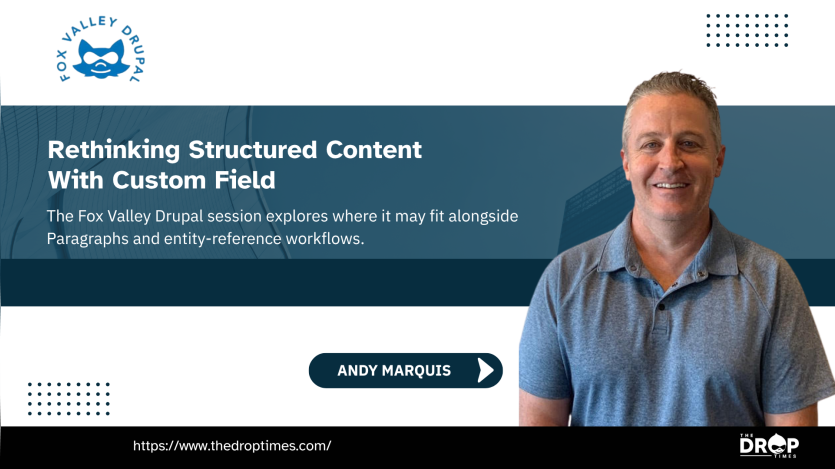 Fox Valley Drupal event graphic featuring Andy Marquis. Text reads "Rethinking Structured Content With Custom Field". "The Fox Valley Drupal session explores where it may fit alongside Paragraphs and entity reference workflows". "Andy Marquis". "https www thedroptimes com". "THE DROP TIMES".