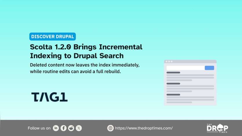 Discover Drupal graphic with the Tag1 logo and a browser search illustration. Text reads "DISCOVER DRUPAL". "Scolta 1.2.0 Brings Incremental Indexing to Drupal Search". "Deleted content now leaves the index immediately while routine edits can avoid a full rebuild". "TAG1". "https www thedroptimes.com". "THE DROP TIMES".