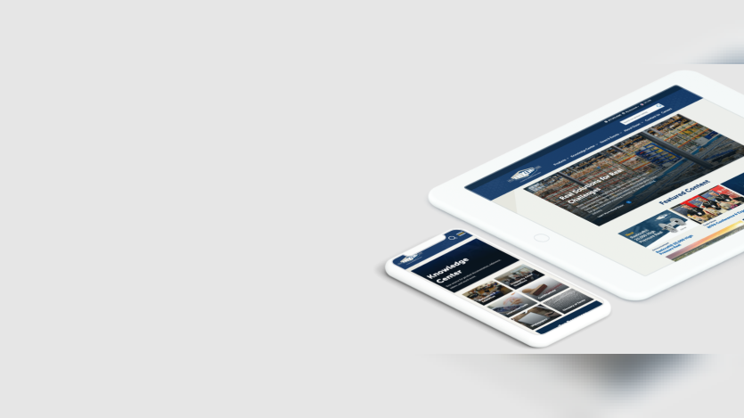 A white tablet and smartphone display responsive industrial company webpages with factory photography and a knowledge center layout. The devices sit on the right side of a light gray background with open space on the left.