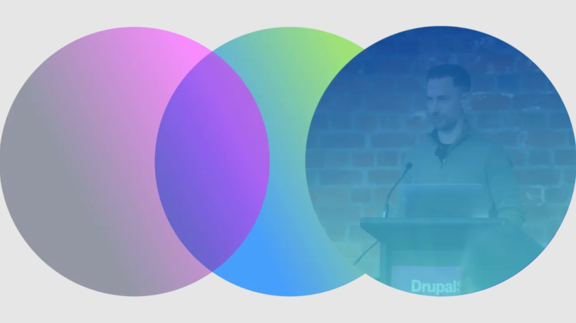 Three large overlapping translucent circles in purple green and blue create a Venn diagram style composition. The blue circle contains a faded photo of a man speaking at a podium with a laptop and microphone against a brick wall.