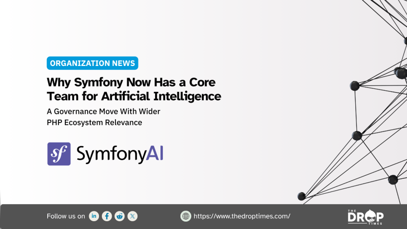 SymfonyAI organization news graphic about Symfony creating a core team for artificial intelligence as a governance move with wider PHP ecosystem relevance. The SymfonyAI logo appears beside a network style graphic that reinforces the theme of coordination across connected projects.