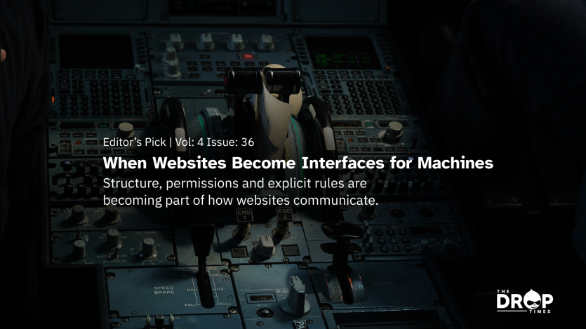 Dark cockpit control panel with throttles, switches, screens, and a narrow paper printout creating a machine interface backdrop for an article about websites communicating with automated systems. Text reads "Editor’s Pick Vol. 4 Issue. 36" "When Websites Become Interfaces for Machines" "Structure. permissions and explicit rules are becoming part of how websites communicate." and "The Drop Times."