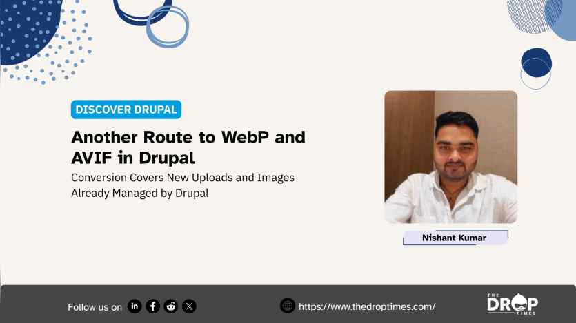 Promotional Drupal graphic with a portrait labeled Nishant Kumar. Text reads "DISCOVER DRUPAL". "Another Route to WebP and AVIF in Drupal". "Conversion Covers New Uploads and Images Already Managed by Drupal". "Nishant Kumar". "Follow us on". "https://www.thedroptimes.com/". "THE DROP TIMES".