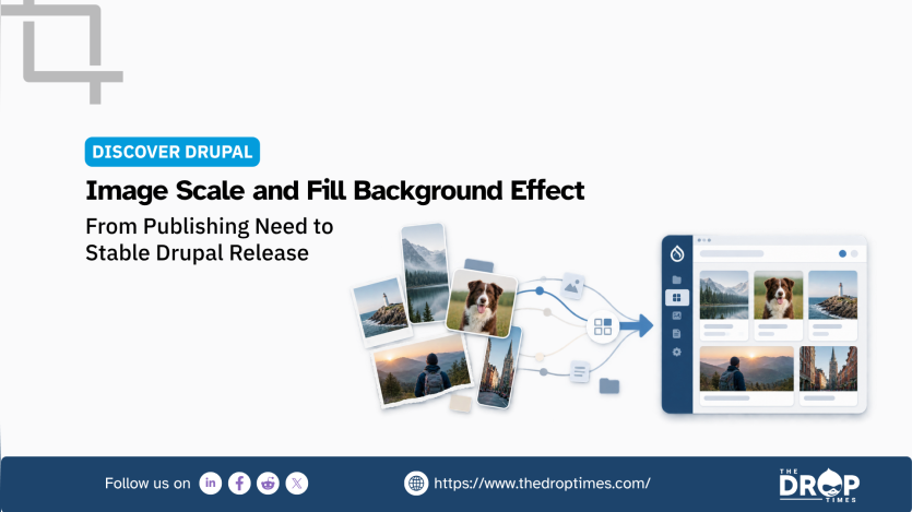 Drupal themed graphic showing a collection of photos flowing through connected interface elements into a media gallery dashboard. Text reads "DISCOVER DRUPAL". "Image Scale and Fill Background Effect". "From Publishing Need to Stable Drupal Release". The footer reads "Follow us on". "https://www.thedroptimes.com/". "THE DROP TIMES".