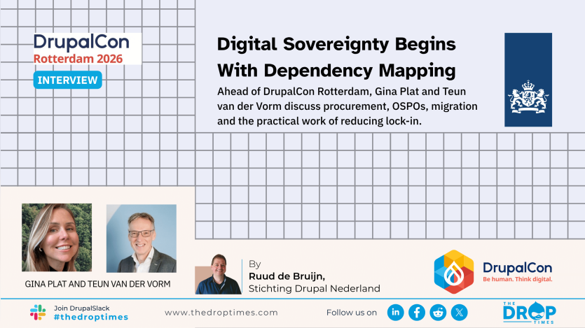 DrupalCon Rotterdam 2026 interview graphic featuring Gina Plat and Teun van der Vorm, focused on digital sovereignty, dependency mapping, procurement and open source in government.