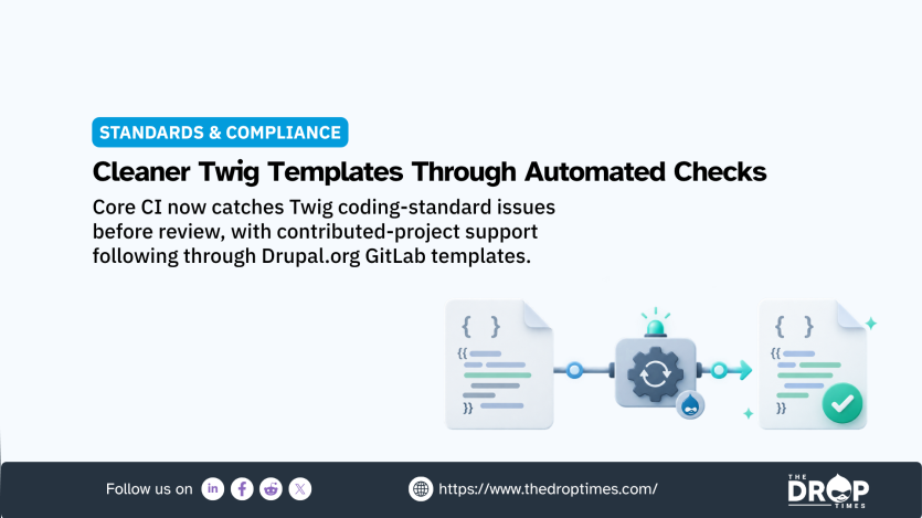 Promotional graphic about automated Twig coding standards checks in Drupal. Text reads "Standards and Compliance". "Cleaner Twig Templates Through Automated Checks". "Core CI now catches Twig coding standard issues before review with contributed project support following through Drupal.org GitLab templates". A workflow illustration shows a Twig code file passing through an automated Drupal check and becoming a validated file with a green check mark.