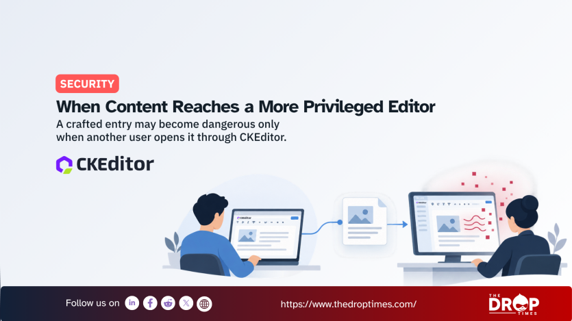 "SECURITY. When Content Reaches a More Privileged Editor. A crafted entry may become dangerous only when another user opens it through CKEditor. CKEditor." An illustration shows one user creating content in CKEditor and the content passing to a second editor where red warning marks appear around the screen to represent the security risk.