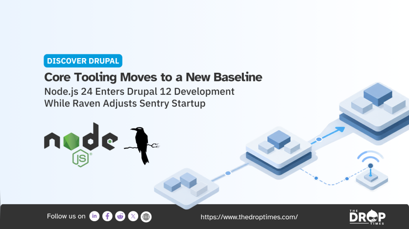 "DISCOVER DRUPAL. Core Tooling Moves to a New Baseline. Node.js 24 Enters Drupal 12 Development While Raven Adjusts Sentry Startup." Node.js and Raven logos sit beside a diagram of connected software layers moving toward an upgraded platform.