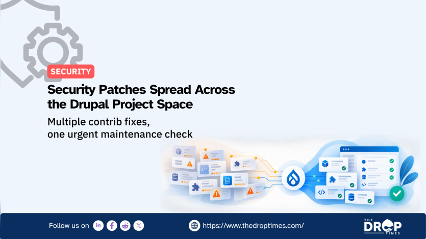 Drupal security graphic shows multiple project cards with warning symbols flowing through the Drupal logo into patched project cards with green checks. Text reads "SECURITY" "Security Patches Spread Across the Drupal Project Space" "Multiple contrib fixes one urgent maintenance check" "Follow us on" "https://www.thedroptimes.com/"