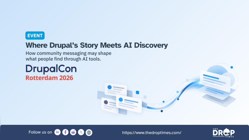 "EVENT." "Where Drupal’s Story Meets AI Discovery." "How community messaging may shape what people find through AI tools." "DrupalCon Rotterdam 2026." Small community profile cards connect along a flowing blue path to a larger content card to illustrate how Drupal community information may surface through AI tools.