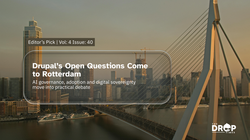 Rotterdam skyline and Erasmus Bridge at sunset with the text “Editor’s Pick. Vol. 4 Issue 40.” “Drupal’s Open Questions Come to Rotterdam.” “AI governance. adoption and digital sovereignty move into practical debate.”