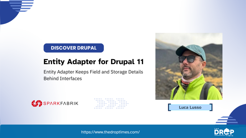 “Drupal Gets an Entity Adapter Pattern.” “New Module Separates Domain Behaviour From Entity Storage Details.” Luca Lusso and the SparkFabrik logo appear below.