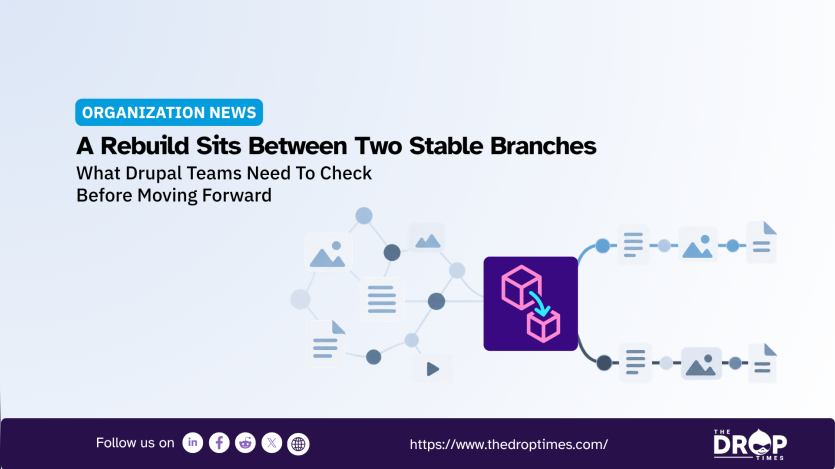 "ORGANIZATION NEWS. A Rebuild Sits Between Two Stable Branches. What Drupal Teams Need To Check Before Moving Forward." A central purple rebuild symbol connects a web of existing content on the left to two separate stable content branches on the right to represent the upgrade path and the checks needed before proceeding.