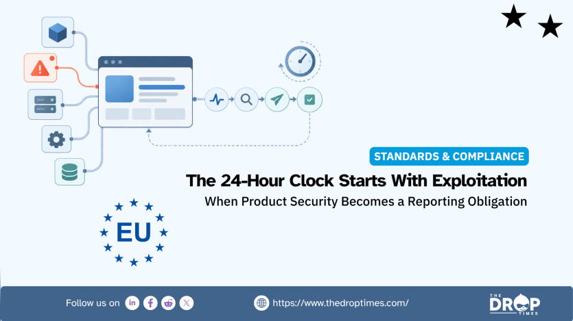 Drupal security graphic showing a product interface connected to infrastructure. an alert. monitoring. search. reporting. and a clock beside an EU symbol. The text reads "The 24 Hour Clock Starts With Exploitation." and "When Product Security Becomes a Reporting Obligation."