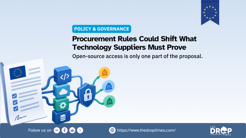 European Union procurement graphic showing a policy document connected to code cloud settings data security and public institutions to represent new proof requirements for technology suppliers. Text reads "POLICY & GOVERNANCE". "Procurement Rules Could Shift What Technology Suppliers Must Prove". "Open-source access is only one part of the proposal".