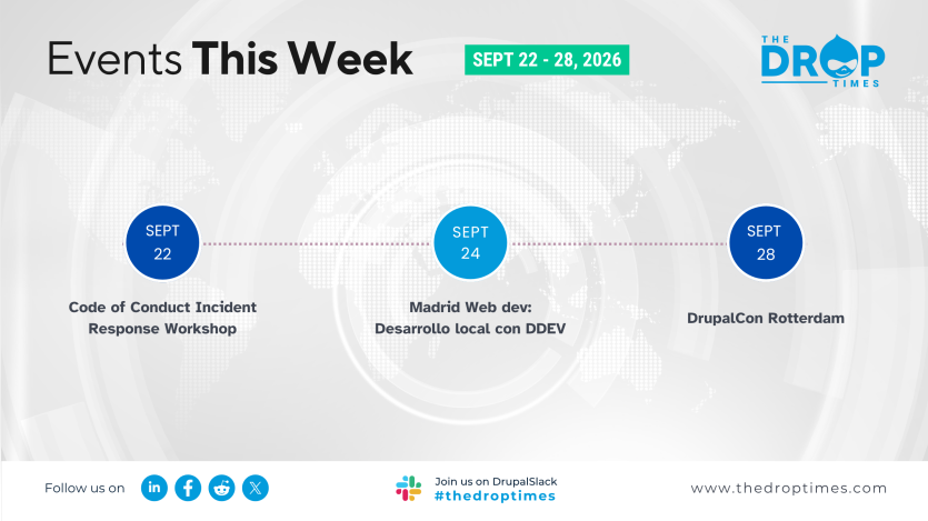 "Events This Week. Sept 22 to 28 2026." A weekly Drupal events graphic lists "Sept 22. Code of Conduct Incident Response Workshop." "Sept 24. Madrid Web dev. Desarrollo local con DDEV." and "Sept 28. DrupalCon Rotterdam."