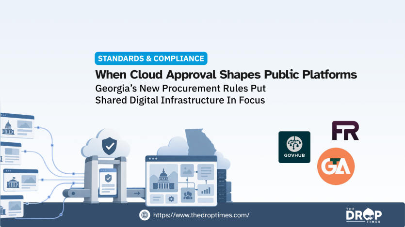 "STANDARDS & COMPLIANCE. When Cloud Approval Shapes Public Platforms. Georgia’s New Procurement Rules Put Shared Digital Infrastructure In Focus." A diagram shows several public websites feeding through approved cloud infrastructure into a government platform, with the Georgia state silhouette and GovHub, FR, and GA logos alongside it.