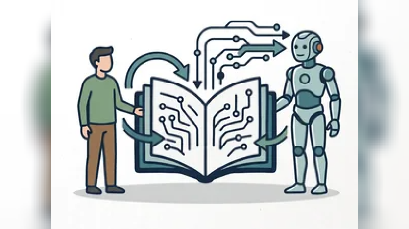 Illustration of a person and a humanoid robot standing on opposite sides of an open book filled with circuit patterns. Arrows and connected lines move between the book and the robot to show information flowing between human knowledge and AI.