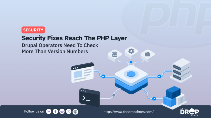 "SECURITY." "Security Fixes Reach The PHP Layer." "Drupal Operators Need To Check More Than Version Numbers." A layered central component connects to a website, database, settings, files, servers, terminal and containers with check marks illustrating dependencies across a Drupal and PHP stack.