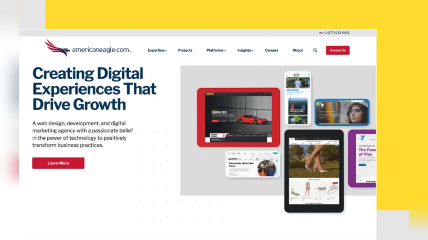 Americaneagle.com homepage showing its “Creating Digital Experiences That Drive Growth” message alongside examples of responsive website designs.