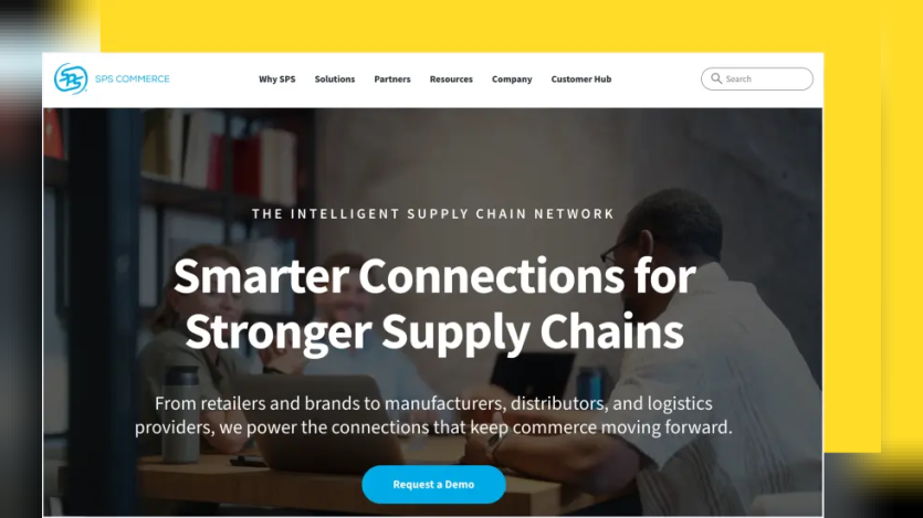 Screenshot of the SPS Commerce homepage showing the headline “Smarter Connections for Stronger Supply Chains” over an office meeting image, with navigation and a “Request a Demo” button.