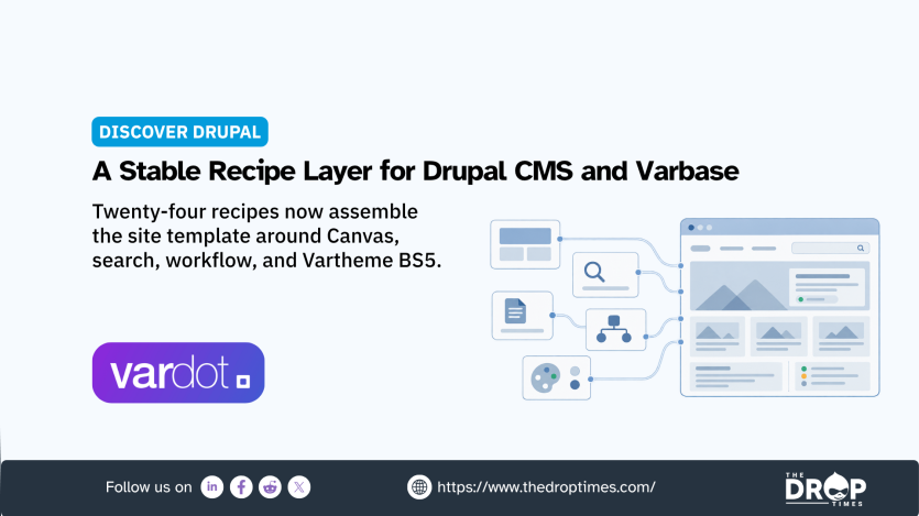 Promotional graphic about a Drupal recipe layer for Drupal CMS and Varbase with the Vardot logo and a diagram showing multiple site building components feeding into a single webpage interface. Text reads "DISCOVER DRUPAL". "A Stable Recipe Layer for Drupal CMS and Varbase". "Twenty four recipes now assemble the site template around Canvas search workflow and Vartheme BS5".