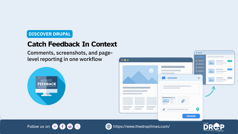 Discover Drupal graphic titled "Catch Feedback In Context" with the text. "Comments screenshots and page level reporting in one workflow." Website Feedback branding appears beside browser mockups showing a webpage feedback form with comments screenshots attachments and a location marker feeding into a review panel.