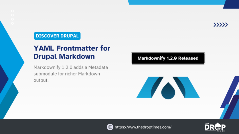 Discover Drupal graphic with a blue droplet logo. Text reads "DISCOVER DRUPAL". "YAML Frontmatter for Drupal Markdown". "Markdownify 1.2.0 adds a Metadata submodule for richer Markdown output". "Markdownify 1.2.0 Released". "https www thedroptimes com". "THE DROP TIMES".