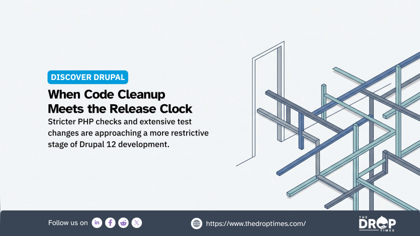 Discover Drupal graphic titled "When Code Cleanup Meets the Release Clock" with intersecting blue geometric lines. Explores stricter PHP checks and extensive testing changes ahead of Drupal 12 release restrictions.