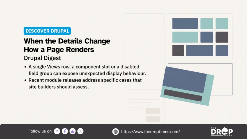Discover Drupal graphic titled "When the Details Change How a Page Renders" featuring layered webpage layouts. The Drupal Digest highlights unexpected display behaviour caused by Views rows, component slots and field groups.