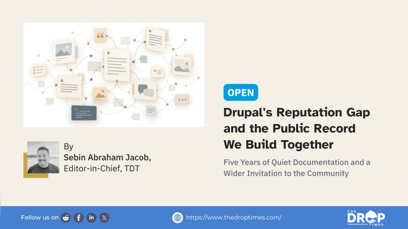 Editorial illustration of connected documents, images, code and conversation cards forming a shared knowledge network, alongside the headline “Drupal's Reputation Gap and the Public Record We Build Together.”