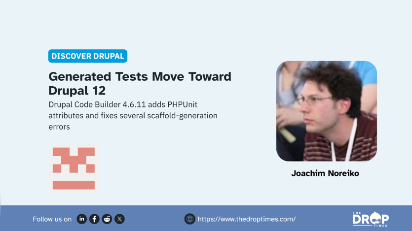 A pale blue Discover Drupal graphic features a portrait labeled "Joachim Noreiko" beside the Drupal Code Builder logo. Text reads "DISCOVER DRUPAL. Generated Tests Move Toward Drupal 12. Drupal Code Builder 4.6.11 adds PHPUnit attributes and fixes several scaffold generation errors. Joachim Noreiko. Follow us on. https www.thedroptimes.com. THE DROP TIMES."