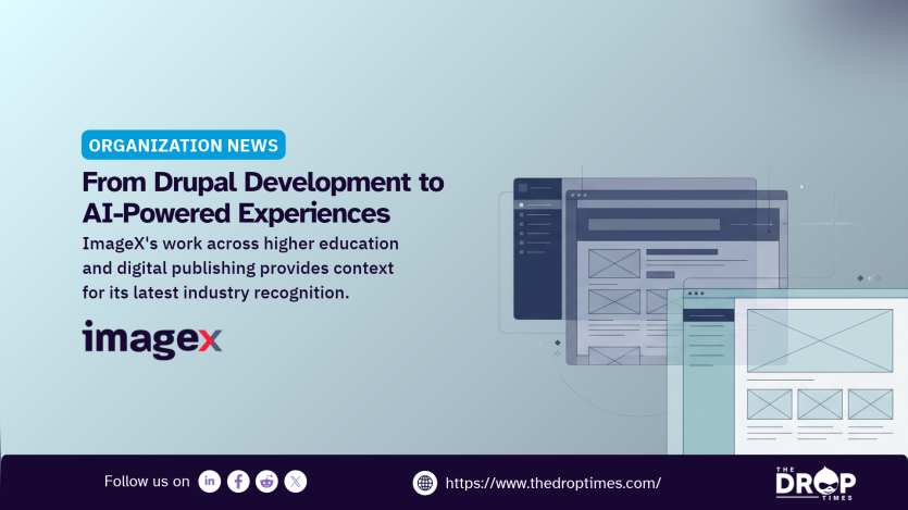 Organization News graphic titled "From Drupal Development to AI-Powered Experiences" featuring the ImageX logo and layered website layouts. Highlights ImageX work in higher education and digital publishing behind its industry recognition.