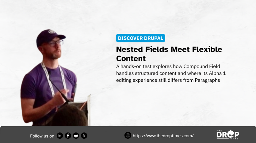 A conference speaker wearing a purple shirt and cap stands at a podium beside the article text. Text reads "DISCOVER DRUPAL. Nested Fields Meet Flexible Content. A hands-on test explores how Compound Field handles structured content and where its Alpha 1 editing experience still differs from Paragraphs. Follow us on. https://www.thedroptimes.com/. THE DROP TIMES."