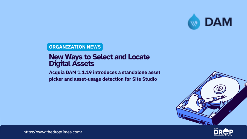Acquia DAM 1.1.19 introduces a standalone asset picker and asset usage detection for Drupal Site Studio. Blue graphic features the DAM logo and a hard drive illustration.