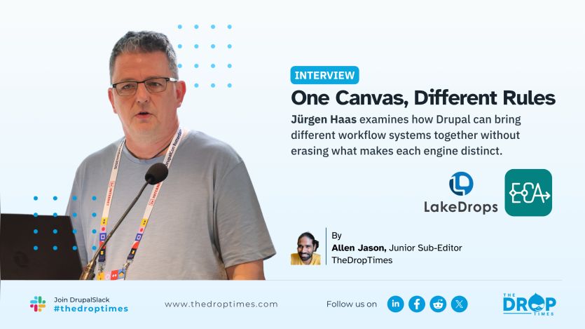 Interview graphic titled "One Canvas, Different Rules" featuring a gray haired man wearing glasses and speaking at a microphone beside the LakeDrops and workflow orchestration logos. The text reads "Jürgen Haas examines how Drupal can bring different workflow systems together without erasing what makes each engine distinct." The graphic credits "By Allen Jason, Junior Sub-Editor TheDropTimes" and includes "Join DrupalSlack" and "#thedroptimes" alongside The Drop Times branding and website.