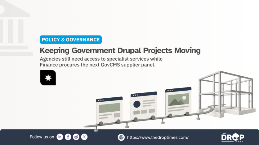 A row of website cards travels along a track toward an unfinished building framework. turning the procurement process into a visual journey that keeps government Drupal work moving while a new supplier arrangement is built. The poster reads "POLICY AND GOVERNANCE. Keeping Government Drupal Projects Moving. Agencies still need access to specialist services while Finance procures the next GovCMS supplier panel."
