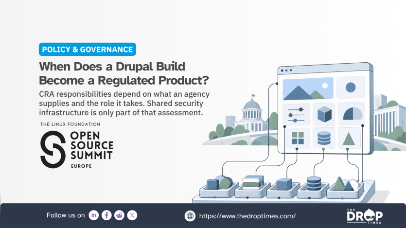 A large software interface connects to multiple components arranged on an assessment platform with government buildings in the background. The illustration represents how different parts of a Drupal implementation may carry distinct regulatory responsibilities depending on what an organisation supplies and the role it plays. The Open Source Summit Europe poster asks "When Does a Drupal Build Become a Regulated Product" and explores how CRA obligations extend beyond shared security infrastructure.