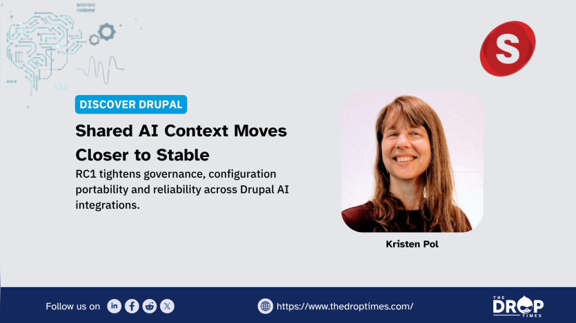 Graphic featuring a portrait labeled Kristen Pol and a red S logo. Text reads "Discover Drupal. Shared AI Context Moves Closer to Stable. RC1 tightens governance configuration portability and reliability across Drupal AI integrations."