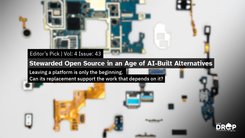 A blurred arrangement of disassembled electronic circuit boards and smartphone components forms the background of The Drop Times newsletter graphic. The text reads "Editor’s Pick. Vol. 4 Issue 43. Stewarded Open Source in an Age of AI-Built Alternatives. Leaving a platform is only the beginning. Can its replacement support the work that depends on it?" The Drop Times logo appears in the bottom right corner.