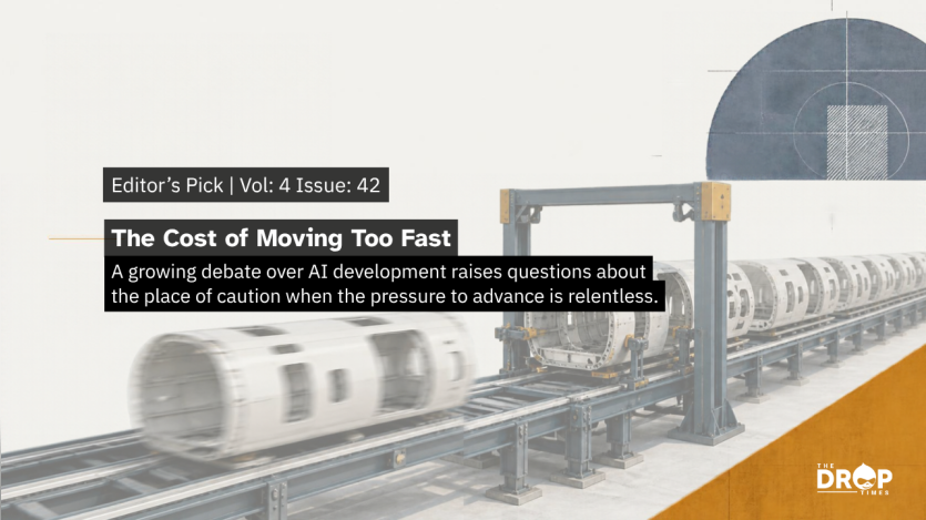 An editorial graphic shows white cylindrical pods speeding along a metal conveyor system with motion blur emphasizing rapid movement. The headline reads "The Cost of Moving Too Fast" with the subtitle "A growing debate over AI development raises questions about the place of caution when the pressure to advance is relentless." The graphic also features "Editors Pick. Volume 4. Issue 42." at the top and "The Drop Times" logo in the bottom right corner.