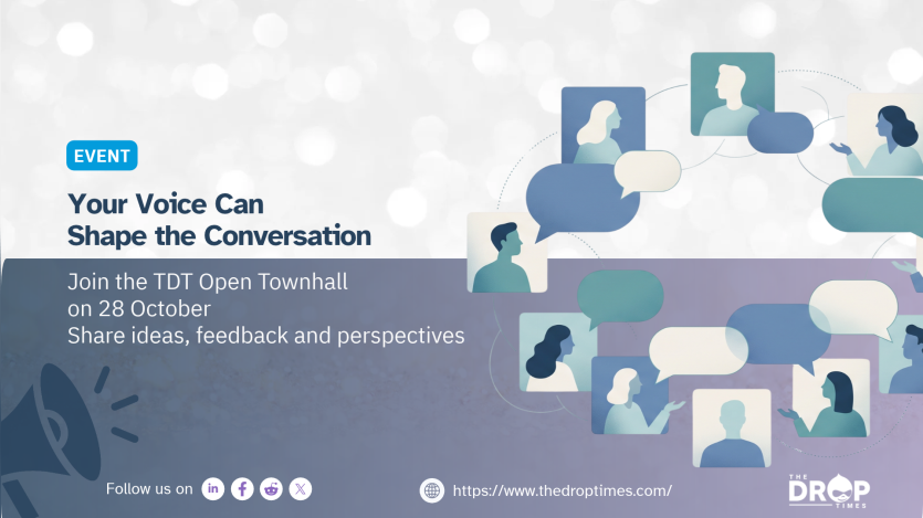 The Drop Times event graphic titled "Your Voice Can Shape the Conversation" featuring illustrated participants connected by speech bubbles to represent an open discussion. The text invites people to join the TDT Open Townhall on 28 October to share ideas, feedback and perspectives.