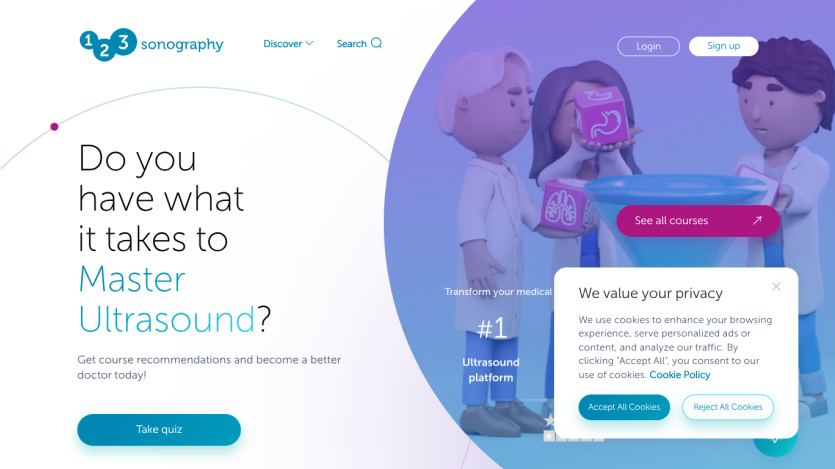 123sonography homepage offering ultrasound courses with quiz, course access, and stats on platform, students, and diplomas