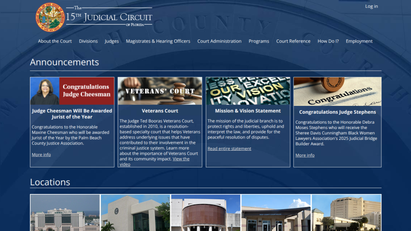 15th Judicial Circuit of Florida website with announcements and courthouse locations