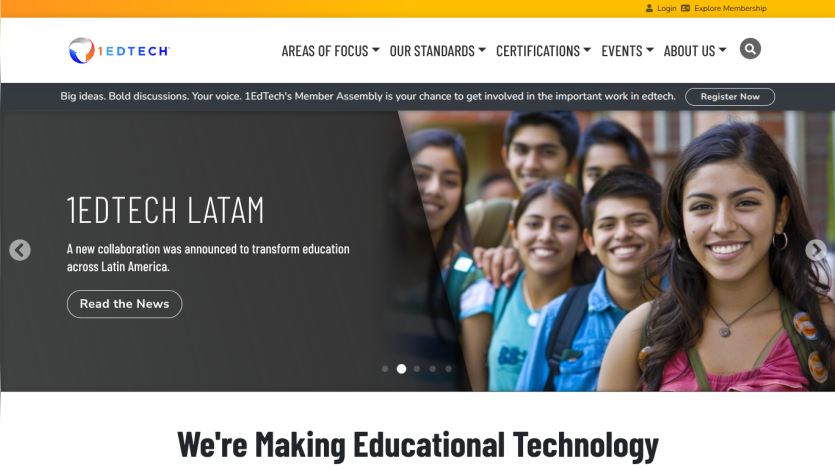 Educational technology website hero with headline 'We're Making Educational Technology' and diverse smiling students