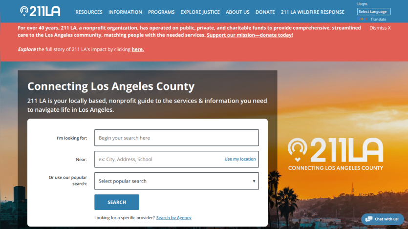 211 LA homepage connecting Los Angeles County with a search form for services and information